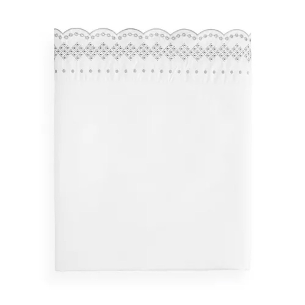 Sky Scalloped Grey Embroidered Flat Full Sheet, NEW